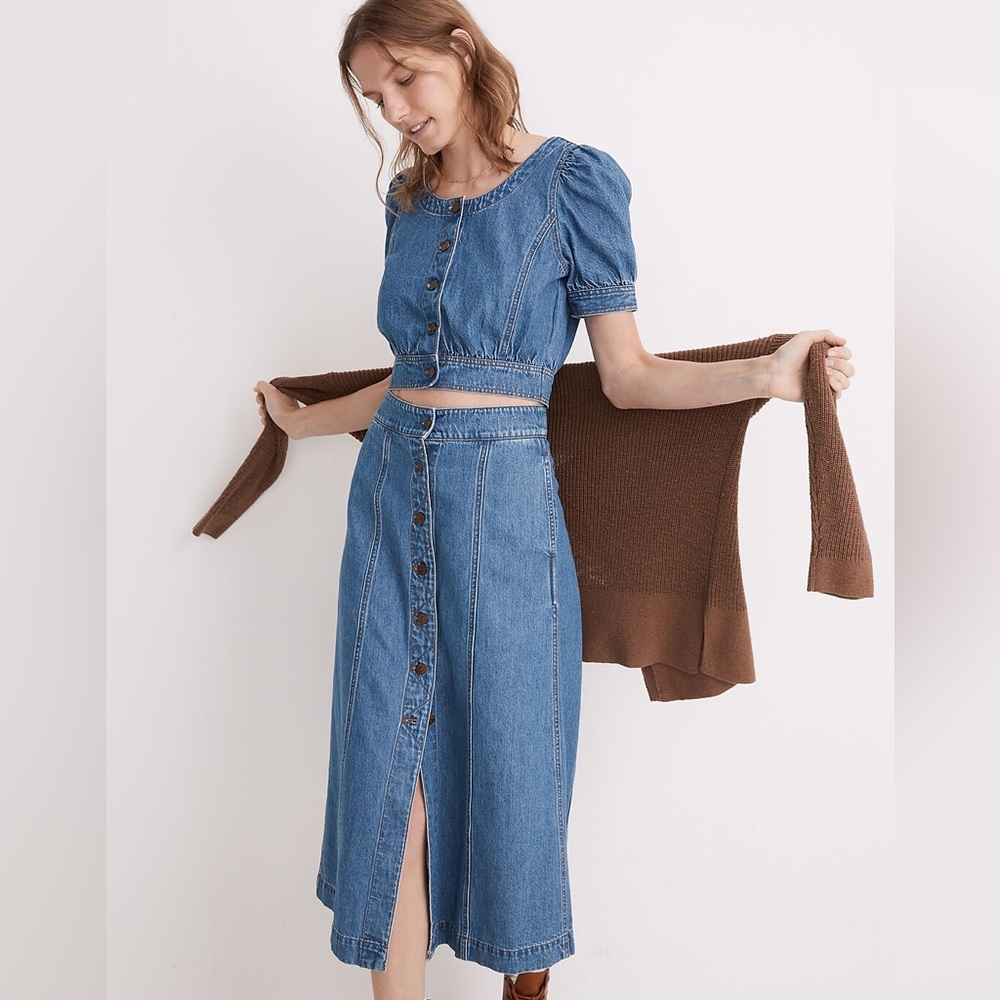 NWOT MADEWELL Denim Puff-Sleeve Crop Top